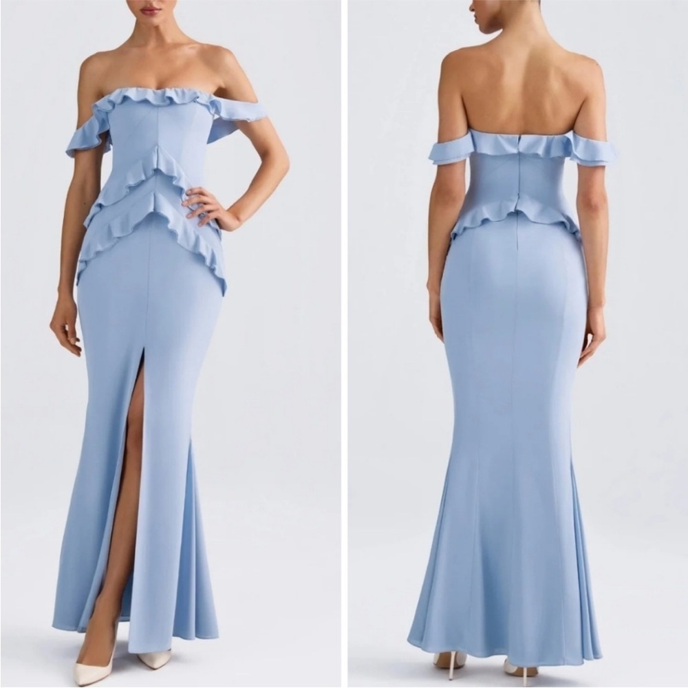 Oh Polly Hemera Off-Shoulder Ruffle-Trim Gown Maxi Dress Size 6 Light Blue